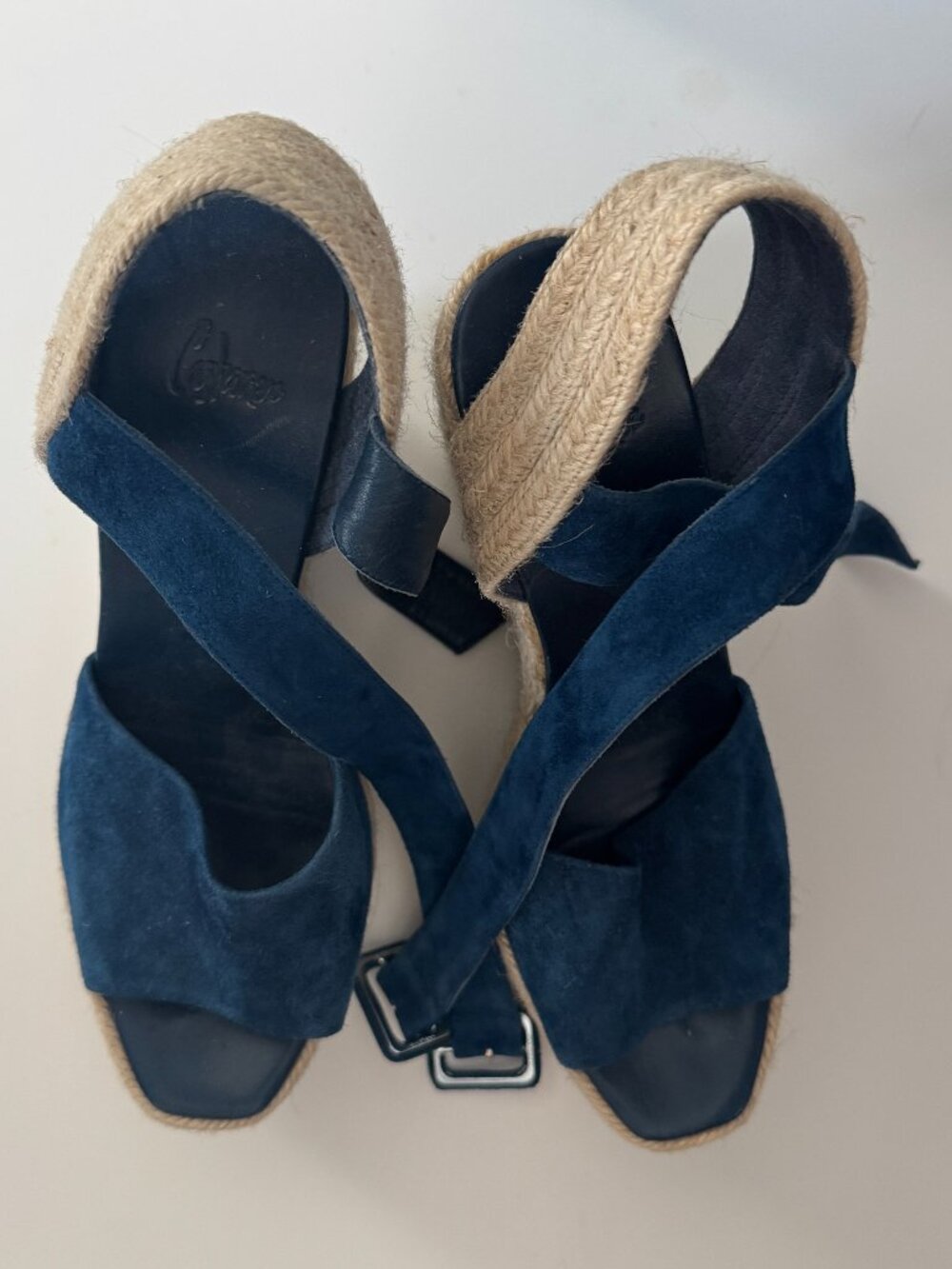 Castaner Navy Suede Espadrille Wedge Sandals Ribbon Tie Size 8.5